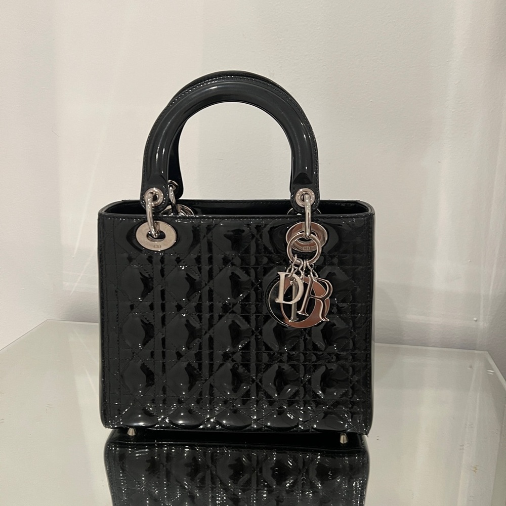 Black quilted patent Cannage leather Christian Dior Medium Lady Dior bag